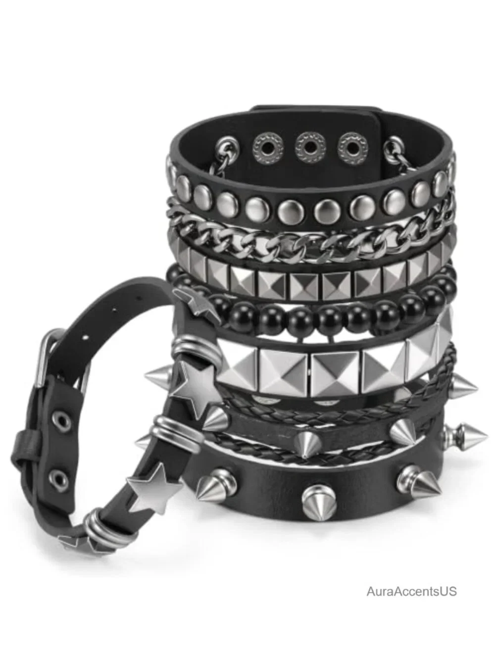 6 Pack Punk Studded Bracelets - Gothic Spike Cuffs for Men Women